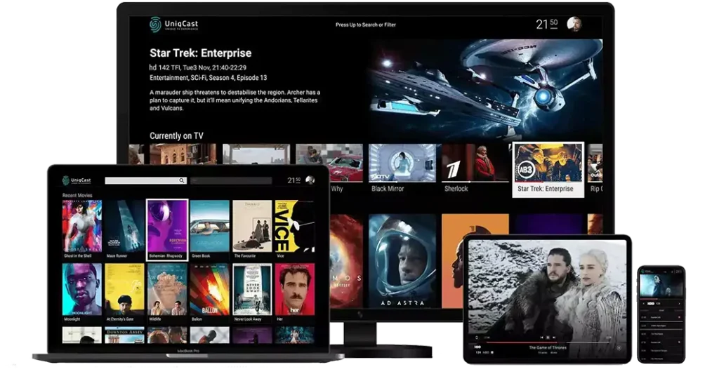 IFLEX IPTV playing live channels and movies across TV, laptop, tablet and phone screens